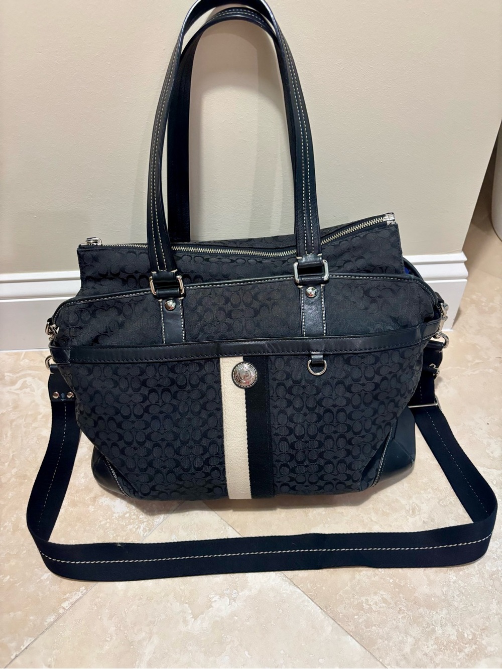 Coach Vtg Era Black Signature Canvas Stripe Jacquard Multi-Function XL Tote Bag